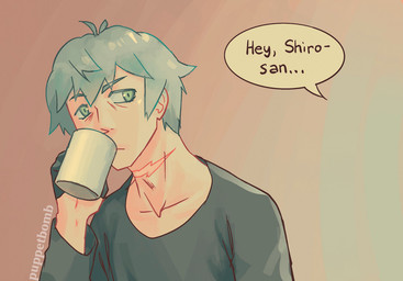 blue_hair clothed clothing coffee_mug container cup dark_clothing dialogue drinking gloves gradient_background green_eyes hair handwear holding_container holding_cup holding_mug holding_object human_only male mug neck_scar not_furry offscreen_character shirt simple_background solo speech_bubble tan_background text topwear puppetbomb brand_new_animal studio_trigger shirou_ogami human mammal artist_name english_text