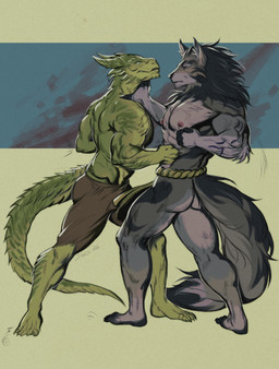 anthro black_body black_fur blood blue_eyes bodily_fluids bottomwear butt clothing duel duo fight fur green_body male male/male muscular muscular_male nipples shorts tail nightarm dungeons_and_dragons hasbro wizards_of_the_coast alex_nightmurr ezin_(tristan_the_wolf) canid canine canis dragonborn_(dnd) mammal scalie wolf 2026 absurd_res hi_res