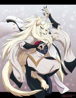 anthro biped black_nose claws clothing dancing digitigrade hair inner_ear_fluff long_hair long_sleeves looking_at_viewer male pawpads side_view solo teeth toe_claws tuft white_body white_clothing white_hair arskie198 canid canine fox mammal 2025 hi_res
