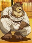 anthro balls_outline belly blush bodily_fluids bottomwear brown_body brown_fur bulge clothing detailed_bulge fur genital_fluids genital_outline holding_bulge humanoid_hands kemono male moobs nipples overweight overweight_anthro overweight_male pants penis_outline precum precum_through_clothing solo sweat wet wet_clothing raichoclub bear mammal 2020 hi_res