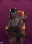 black_hair blind_eye boots canid canine canis chair cigar clothing footwear furniture gloves hair handwear hi_res inverted_pentacle mammal nitimali occult_symbol pentacle pentagram red_eyes scar solo symbol throne wolf