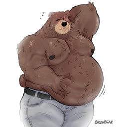anthro belly belly_grab big_belly blush bottomwear brown_body brown_fur clothed clothing eye_scar facial_scar fur hand_behind_head hand_on_belly holding_stomach male motion_lines musclegut muscular muscular_anthro muscular_male navel nipples overweight overweight_anthro overweight_male pants pecs scar shy simple_background solo topless topless_male white_background white_bottomwear white_clothing white_pants baconbearart mihoyo zenless_zone_zero ben_bigger bear mammal absurd_res hi_res