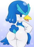 anthro big_butt blue_eyes blush butt female genitals pokemorph pussy solo white_body zinzoa nintendo pokemon avian generation_9_pokemon pokemon_(species) quaxwell absurd_res hi_res