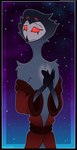 anthro bathrobe blinking bodily_fluids clothing cosmic_background glowing glowing_eyes grey_body male red_eyes robe space space_background star tears skeletalheart helluva_boss stolas_(helluva_boss) avian owl_demon animated short_playtime