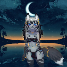 5_fingers accessory anthro arm_tuft belly_chain biped black_highlights blue_eyes bottomwear bra breasts cheek_tuft chest_tuft clothed clothed_anthro clothed_female clothing cloud crescent_moon detailed_background dipstick_tail ear_piercing ear_ring ear_stud facial_tuft female female_anthro fingers front_view fur furgonomics glistening gold_(metal) gold_ear_piercing gold_ear_ring gold_ear_stud gold_jewelry gold_necklace gold_ring gold_tail_ring grey_body grey_fur grey_hair hair hand_behind_back highlights_(coloring) hip_tuft inner_ear_fluff jewelry lake loincloth long_hair looking_at_viewer markings moon navel necklace night palm_tree partially_submerged pawpads piercing pink_pawpads plant reflection ring ring_piercing scenery shoulder_tuft skimpy sky skyscape solo standing star starry_sky strapless_bra strapless_clothing strapless_underwear sunset tail tail_accessory tail_jewelry tail_markings tail_ring tree tribal tribal_clothing tribal_markings tuft underwear water water_reflection kolae canid canine canis mammal wolf 2023 alternate_version_at_paywall hi_res signature