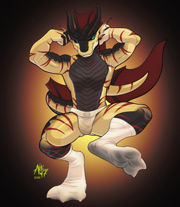 anthro black_body black_scales black_sclera clothing confident dirty dirty_clothing dirty_jockstrap dirty_socks flexing footwear gradient_background green_eyes hand_behind_head horn jockstrap looking_aside male male_anthro membrane_(anatomy) mostly_nude_male muscular muscular_male paw_symbol paws red_stripes scales simple_background smile socks solo stripes tan_body tan_scales underwear alibi_47 mythology dragon mythological_creature mythological_scalie scalie 2026 hi_res signature