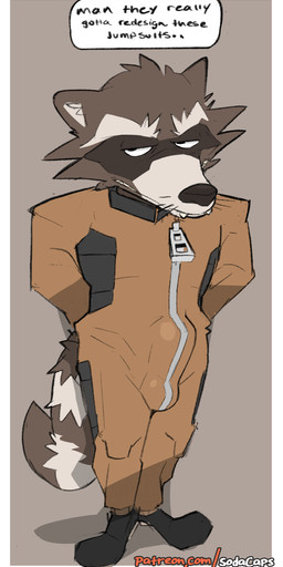 anthro bodysuit bulge clothing detailed_bulge erection erection_under_clothing fluffy fluffy_tail half-closed_eyes hands_behind_back male narrowed_eyes skinsuit solo standing tail tight_clothing zipper sodacaps guardians_of_the_galaxy marvel rocket_raccoon mammal procyonid raccoon absurd_res hi_res