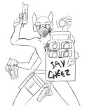 anthro armor astrological_symbol bad_trigger_discipline ballistic_shield cheese chest_markings clitoral_hood dairy_products explosives face_mask food gemini_(symbol) genitals grenade gun headgear helmet holding_grenade holding_object holding_weapon_with_genitals intersex looking_at_viewer maleherm markings mask misspelling mostly_nude multi_arm multi_limb multi_wielding prehensile_clitoral_hood ranged_weapon shield solo symbol taking_picture text thigh_strap weapon weapon_holster western_zodiac_symbol wide_stance topazknight gemini_the_sergal sergal black_and_white english_text monochrome portrait three-quarter_portrait maleherm_(lore)