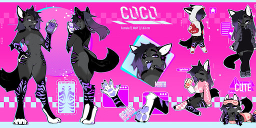 anthro areola biped bottomwear breasts butt claws clothed clothed_anthro clothed_female clothing collar eyes_closed eyewear feet female fingers front_view fully_clothed fully_clothed_anthro fully_clothed_female fur genitals glasses hair handpaw looking_at_viewer lying medium_breasts navel nipples nude nude_anthro nude_female on_front pawpads paws rear_view simple_background sitting solo teeth text thick_thighs toes tongue topwear vulva wide_hips cocoline_(artist) cocoline canid canine canis mammal wolf 2026 digital_drawing_(artwork) digital_media_(artwork) english_text hi_res model_sheet