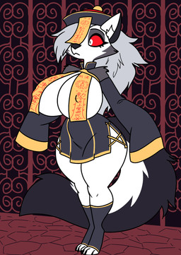anthro big_breasts breasts chastity_seal clothed clothing female huge_breasts jiangshi_costume ofuda ofuda_on_breast ofuda_on_forehead partially_clothed sleeves_past_fingers solo talisman diabeticcat asian_mythology chinese_mythology east_asian_mythology hellaverse helluva_boss mythology loona_(helluva_boss) canid canid_demon canine demon hellhound mammal mythological_canine mythological_creature undead hi_res
