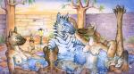 anthro anthro_on_anthro beverage breasts bubble detailed_background eye_contact female group hug interspecies lamp lantern looking_at_another lying male male/female mane nipples nude on_back one_leg_up open_mouth outside plant predator/prey raised_leg sitting smile tree trisha equid equine hyena mammal spotted_hyena zebra painting_(artwork) traditional_media_(artwork) watercolor_(artwork)