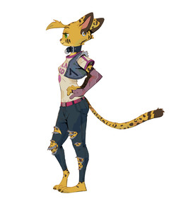 3_toes anthro arm_warmers armwear barefoot belt bottomwear clothing collar denim denim_bottomwear denim_clothing ear_piercing ear_ring feet female fur green_eyes hands_on_waist head_tuft jeans long_tail markings pants piercing plantigrade pointy_ears ring_piercing shirt side_view simple_background solo spots spotted_body spotted_fur striped_markings stripes tail text toes topwear torn_bottomwear torn_clothing torn_jeans torn_pants tuft vest white_background yellow_body yellow_fur ruffu pepper_in_the_sandbox pepper_(ruffu) felid feline mammal serval digital_drawing_(artwork) digital_media_(artwork)