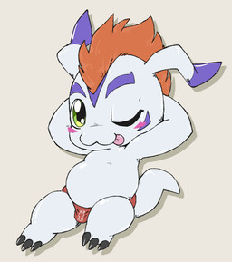 anthro blep blush bulge claws clothing crest_of_faith fur green_eyes hair male one_eye_closed red_hair shortstack shortstack_male solo speedo swimwear tongue tongue_out white_body white_fur wink lkiws bandai_namco digimon digimon_(species) gomamon absurd_res hi_res