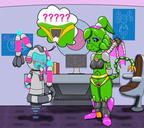 accessory anthro anti-gravity blue_eyes blueprint blush book chair chest_gem claws computer_desk confusion desktop_wallpaper detailed_background display_face duo ear_hands embarrased_horny embarrassed eye_contact female floating_desk furniture gem genital_shot genitals glistening glistening_body glowing glowing_arms glowing_ears glowing_eyes green_body grey_body hair hands_behind_back headband hexagonal_grid laboratory led_eyes lime_green looking_at_another looking_down looking_down_at_another looking_down_at_pussy looking_down_at_self looking_up_at_another machine metallic_body multicolored_body nude paneling plasma_wings ponytail prehensile_tail question_mark questioning rabbit_pattern ring_light robot_wings robotic_arms robotic_legs robotic_tail screen screen_eyes screen_face short_hair silicone smile swivel_chair synthetic_breasts synthetic_butt synthetic_pussy tail tail_claws thinking_pose thought_bubble tugging_on_own_clothes two_tone_body vulva vulva_shot milesperminutemedia mythology l1l1_(milesperminutemedia) m.a._(spdy4) mecha_arrow android dragon humanoid lagomorph mammal mythological_creature mythological_scalie robot scalie 2020 digital_media_(artwork) hi_res