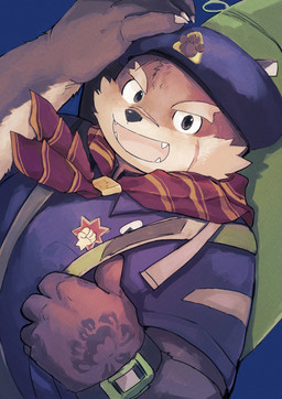 anthro backpack clothing eyebrows hat headgear headwear kerchief male scar scout_uniform solo thick_eyebrows takimoto lifewonders tokyo_afterschool_summoners moritaka_(tas) canid canine canis domestic_dog mammal absurd_res hi_res