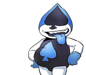 belly biped blue_tongue bulge clothed clothing eyeless front_view gloves hands_on_hips handwear hood korean male not_furry open_mouth open_smile overweight overweight_humanoid overweight_male shadow simple_background smile solo spades_(suit) standing suit_symbol teeth tight_clothing tongue tongue_out white_background white_body ryonggay deltarune undertale_(series) lancer_(deltarune) darkner humanoid 2018 digital_drawing_(artwork) digital_media_(artwork) half-length_portrait hi_res portrait