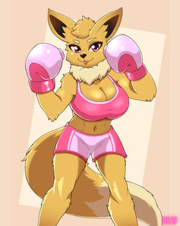abs anthro boxing_gloves boxing_shorts bra clothing female handwear solo sports_bra underwear demonandwolf nintendo pokemon eevee generation_1_pokemon pokemon_(species)