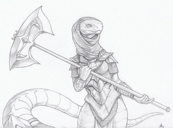 anthro apode armor axe breasts clothed clothing female holding_object holding_weapon hood legless melee_weapon non-mammal_breasts scales serpentine simple_background solo weapon white_background crestfallenartist draconcopode naga reptile scalie snake 2020 greyscale monochrome traditional_media_(artwork)