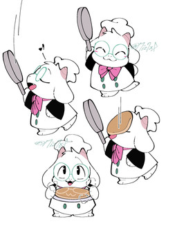 :3 ^_^ ambiguous_anthro ambiguous_gender anthro barefoot biped bow_(feature) bow_tie chef_hat chef_uniform chibi clothed clothing cookware cute_fangs eyes_closed eyewear fangs feet floppy_ears food frying_pan fully_clothed fur glasses hat headgear headwear holding_object horn kemono kitchen_utensils looking_at_viewer lop_ears monotone_body monotone_fur neck_bow open_mouth open_smile pancake pink_bow pink_horn simple_background smile solo standing teeth tools white_background white_body white_clothing white_ears white_fur white_hat white_headwear suda deltarune undertale_(series) ralsei bovid caprine darkner goat mammal 2025 colored digital_media_(artwork) flat_colors full-length_portrait hi_res multiple_images portrait signature