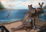 anthro bra breasts clothed clothing day detailed_background female feral group outside sitting sky underwear water xtrasis honovy_(character) avian bird mammal murid murine rat rodent 2019 digital_media_(artwork)