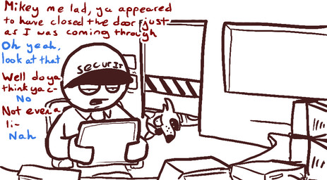 anthro clothed clothing dialogue door duo electronics eye_patch eyewear half-closed_eyes hat headgear headwear humor machine male monitor narrowed_eyes open_mouth pushbutton stuck stuck_in_door tablet text window crisis-omega five_nights_at_freddy's scottgames foxy_(fnaf) mike_schmidt animatronic canid canine fox human mammal robot digital_media_(artwork) english_text