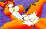 anthro bed big_breasts biped breasts brown_eyes claws female fur furniture genitals hair lying markings nipples on_back orange_body orange_fur pussy red_hair short_hair solo colesutra canid canine fox mammal 2007