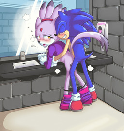 abdominal_bulge anthro bathroom bent_over blush bottomwear bottomwear_down breath clothed clothing duo female from_behind_position male male/female panties panties_down panting pants pants_down partially_clothed sex smile underwear underwear_down th0ttermatic mario_and_sonic_at_the_olympic_games nintendo sega sonic_the_hedgehog_(series) blaze_the_cat sonic_the_hedgehog domestic_cat eulipotyphlan felid feline felis hedgehog mammal hi_res