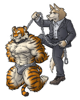 anthro anthro_on_anthro barazoku bottomwear bound brown_body brown_fur bulge chain chained clothing dominant dominant_male duo eyes_closed fur kemono male male/male muscular muscular_male nipples pants shirt simple_background submissive submissive_male topwear underwear white_background yuuki-abe canid canine felid mammal pantherine tiger 2007 4:5 archived_source low_res