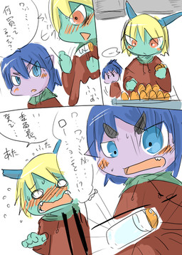 anthro blonde_hair blue_hair blush clothed clothing dialogue duo embarrassed hair holding_object hoodie horn lotion lotion_bottle ponytail purple_body simple_background sketchy surprised teal_body text tied_hair topwear white_background young young_anthro doneru erio wazumi imp scalie comic japanese_text right_to_left sketch translated