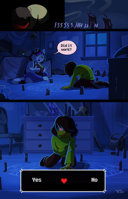 3_toes adolescent ambiguous_gender anthro barefoot bed bed_frame bedroom black_background black_hair bone book bottomwear candle chair clothing crossed_legs dark_hair dialogue drawer duo feet female female_anthro footwear fur furniture hair heart_symbol inside kneeling looking_at_another male night on_ground pants question_mark red_eyes ritual shadow shirt shoes simple_background sitting sitting_on_ground skull speech_bubble spellbook symbol tail talking_to_another text toes topwear white_body white_fur window yellow_eyes young lynxgriffin deltarune undertale_(series) catti_cattenheimer kris_dreemurr domestic_cat felid feline felis human mammal soul_(undertale) 2022 comic dated hi_res signature