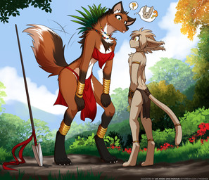 accessory anklet anthro arm_tuft armlet bandeau barefoot bent_over biped blep blush bodily_fluids bottomwear bracelet breasts brown_body brown_fur brown_hair brown_tail butt cheek_tuft chest_tuft claws clothed clothed_anthro clothed_female clothed_male clothing detailed_background digitigrade duo elbow_tuft facial_tuft feet female female_anthro fingers front_view fully_clothed fully_clothed_anthro fully_clothed_female fur furgonomics hair jewelry larger_anthro larger_female loincloth looking_at_another male male_anthro melee_weapon motion_lines nervous nervous_sweat polearm question_mark rear_view size_difference skimpy smaller_male smile snout spear standing sweat tail tail_accessory tail_motion tailwag text toe_claws toes tongue tongue_out topless topless_male topwear tribal tribal_clothing tuft weapon conditional_dnp narikusha tom_fischbach twokinds keith_keiser basitin canid canine keidran mammal maned_wolf 2026 digital_drawing_(artwork) digital_media_(artwork) english_text url