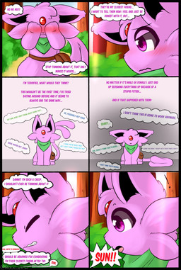 ambiguous_gender bag blush embarrassed feet feral green_scarf scarf solo speech_bubble text thought_bubble rockii nintendo pokemon eeveelution espeon generation_2_pokemon pokemon_(species) comic english_text hi_res male_(lore)