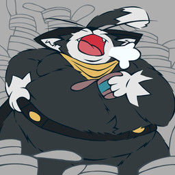anthro back_rolls belly belly_overhang belt big_belly black_body black_fur black_nose body_hair breasts breath breathing clothing container double_chin fangs fat_rolls fluffy fur handkerchief holding_belt holding_container holding_object huge_belly kerchief male markings mask moobs obese obese_male overweight overweight_male solo surrounded tail tail_markings teeth tongue trash tuna_can utility_belt weight_gain whiskers white_body white_fur yellow_clothing justwatchingthings fattytober persona_(series) persona_5 morgana_(persona) domestic_cat felid feline felis mammal tuxedo_cat 1:1 digital_media_(artwork) hi_res