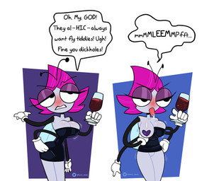 antennae_(anatomy) anthro black_clothing black_dress breasts clothing container cup dress drinking_glass female genitals glass glass_container glass_cup gloves hair handwear pink_hair presenting presenting_breasts presenting_vulva solo text vulva white_clothing white_gloves white_handwear wine_glass wings monamania disney the_buzz_on_maggie maggie_pesky arthropod fly_(animal) insect 2020 absurd_res english_text hi_res