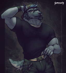 anthro baseball_cap blue_body blue_eyes blue_fur blue_tail bottomwear bulge clothed clothing eyewear front_view fur glasses hand_behind_head hat headgear headwear male male_anthro mouth_closed muscular muscular_anthro muscular_male narrowed_eyes pants rectangular_glasses shirt solo standing t-shirt tail topwear white_body white_fur white_tail acidwuff canid canine mammal 2023 dated hi_res signature