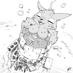 anthro barrel bath black_eyes bodily_fluids breasts eyes_closed female snot solo sweat razy goo_(razy) felid mammal 1:1 monochrome signature