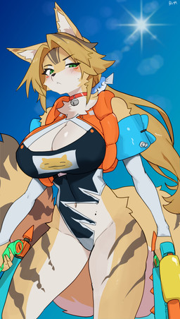 anthro big_breasts biped blonde_hair blush breasts claws clothed clothed_anthro clothed_female clothing countershade_fur countershade_torso countershading day female finger_claws fingers front_view fur green_eyes hair looking_at_viewer outside sky standing tail yellow_body yellow_fur yellow_tail buta99 mihoyo zenless_zone_zero pulchra_fellini felid feline mammal 2026 absurd_res digital_drawing_(artwork) digital_media_(artwork) hi_res