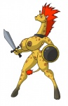 animal_print anthro big_breasts breasts collar female genitals giraffe_print hair holding_melee_weapon holding_object holding_sword holding_weapon horn melee_weapon nipples nude orange_hair ossicone pubes pussy shield solo sword tail weapon lordstevie giraffe giraffid mammal