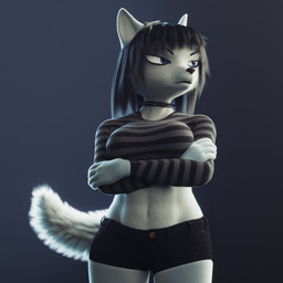 abs alternative_fashion anthro black_hair blue_eyes bottomwear breasts clothing crossed_arms female fingers fluffy fluffy_tail goth hair pants solo standing striped_body stripes tail cakeinferno zoe_(cakeinferno) canid canine fox mammal 1:1 3d_(artwork) digital_media_(artwork) hi_res