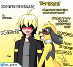 anthro breast_squish breasts dialogue duo female female_on_human interspecies male male/female pokephilia prank seductive simple_background small_breasts squish tail tail_motion tailwag text thick_thighs yellow_body al_gx nintendo pokemon fan_character generation_4_pokemon human mammal pokemon_(species) riolu shiny_pokemon english_text gynomorph_(lore)