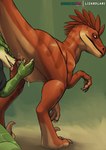 ambiguous_feral ambiguous_fluids ambiguous_gender ambiguous_on_anthro animal_genitalia anthro anthro_on_feral bestiality biped bipedal_feral brown_body brown_feathers butt claws cloaca duo feathers feral genitals green_body green_scales looking_at_viewer looking_back looking_back_at_viewer male male_on_feral multicolored_body oral orange_body orange_eyes presenting presenting_cloaca pubic_boot raised_tail saliva_on_cloaca scales sharp_teeth sickle_claw tail tailbutt tan_body teeth thick_tail toe_claws tongue tongue_out lizardlars mythology raptorlars spitey dinosaur dragon dromaeosaurid mythological_creature mythological_scalie prehistoric_species reptile scalie theropod 2024 digital_media_(artwork) hi_res male_(lore)