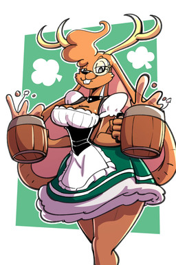 anthro antlers beer_mug eyewear female horn monocle solo thick_thighs waiter wide_hips sachasketchy chai_t._(sachasketchy) jackalope lagomorph mammal 2026 absurd_res digital_media_(artwork) hi_res