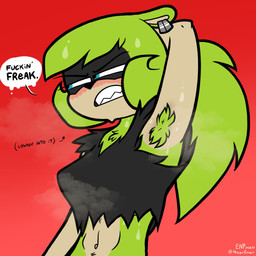 anthro armpit_fetish armpit_hair black_clothing black_shirt black_topwear blue_eyes blush bodily_fluids body_hair clothing crop_top dialogue ear_piercing female fur green_body green_fur green_hair hair insult insulting_viewer musk musky_armpit musky_armpits navel piercing ponytail secretly_loves_it sharp_teeth shirt solo speech_bubble steam sweat sweaty_armpit sweaty_face sweaty_neck teeth text topwear theenfman idw_publishing sega sonic_the_hedgehog_(comics) sonic_the_hedgehog_(idw) sonic_the_hedgehog_(series) surge_the_tenrec afrosoricid mammal tenrec 1:1 2026 english_text hi_res