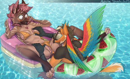 anthro breasts duo embarrassed eyewear female fluffy genitals glasses inflatable inner_tube male male/female piercing spread_wings summer swimming_pool teasing touching_chest touching_thigh unexpected vulva wings aleksikashvets hyena mammal hi_res