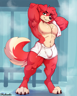 anthro armpit_hair body_hair bulge claws digitigrade fur head_tuft looking_at_viewer male muscular muscular_anthro muscular_male navel nipples pecs red_body red_fur sauna smile smiling_at_viewer smirk smirking_at_viewer solo standing steam toe_claws towel towel_around_waist towel_on_shoulder towel_only tuft bluebambo clifford_the_big_red_dog clifford_(clifford_the_big_red_dog) canid canine canis domestic_dog mammal vizsla hi_res
