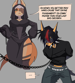 anthro belt collar duo female male nun spiked_collar spikes studded_belt studs text witchpanda aster_(witchpanda) roxanne_(spikedmauler) canid canine canis dobermann domestic_dog mammal maned_wolf pinscher absurd_res english_text hi_res