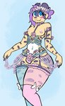 accessory anthro bare_chest blue_eyes breasts bulge clothing fishnet_clothing fishnet_legwear flower flower_in_hair fur gynomorph hair hair_accessory intersex legwear looking_up markings nipples plant purple_hair simple_background small_chest solo spots spotted_body spotted_fur standing stockings thigh_highs yellow_body yellow_fur cremacat felid jaguar mammal pantherine digital_drawing_(artwork) digital_media_(artwork) flat_colors hi_res