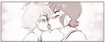 2022 anthro blush bodily_fluids canid canine cheek_tuft clothed clothing comic digital_drawing_(artwork) digital_media_(artwork) duo eldiman eyebrows eyes_closed facial_tuft french_kissing fur fur_tuft hair hi_res kissing mammal monochrome saliva side_view talin tokami topwear tuft young_(lore)