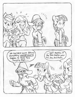 angry annoyed anthro back_wings blush blush_lines bottomwear clothed clothed_anthro clothed_female clothed_male clothing coat cowboy_hat crop_top cutie_mark detective dialogue eyelashes facial_hair female freckled_face freckles fully_clothed fully_clothed_anthro fully_clothed_female fully_clothed_male gesture group hat headgear headwear horn laugh male mustache shirt shorts shrug skirt spandex spandex_shorts speech_bubble sweater sweater_vest text tight_bottomwear tight_clothing tight_shorts topwear trenchcoat unicorn_horn vest wings circe_(artist) friendship_is_magic hasbro my_little_pony mythology pink_panther_(series) applejack_(mlp) inspector_jacques_clouseau rainbow_dash_(mlp) twilight_sparkle_(mlp) earth_pony equid equine horse mammal mythological_creature mythological_equine pegasus pony winged_unicorn black_and_white comic english_text monochrome traditional_media_(artwork)