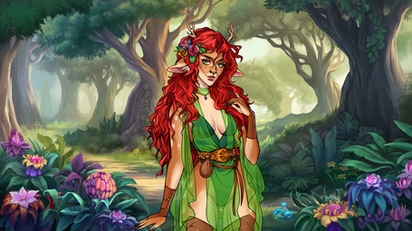 accessory anthro belt bodysuit clothed clothing cuff_(restraint) curly_hair detailed_background female flower flower_crown flower_in_hair forest forest_background fur green_eyes hair hair_accessory horn humanoid_face jewelry leather leather_cuffs long_hair makeup multicolored_body multicolored_fur nature nature_background necklace plant red_hair restraints skinsuit solo tight_clothing translucent translucent_clothing tree lustration_artist lustration_team astra:_ardent_show furlough_games nami_(lustration_team) animal_humanoid cervine deer humanoid mammal 16:9 hi_res official_art widescreen